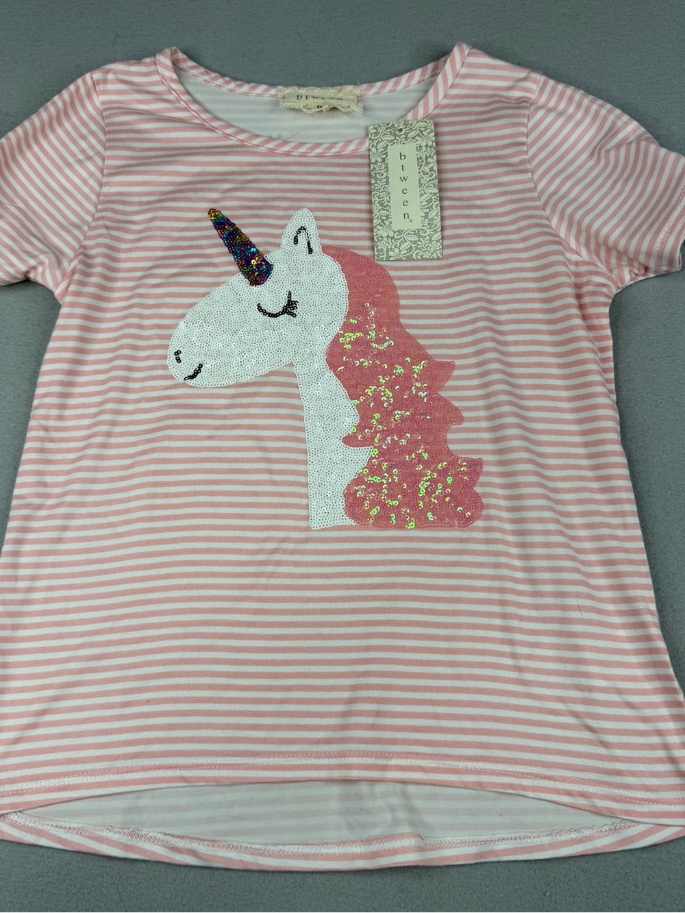 Btween Girls Unicorn Sequin Shirt Size 10 Pink Stripe Tie Sleeve NWT